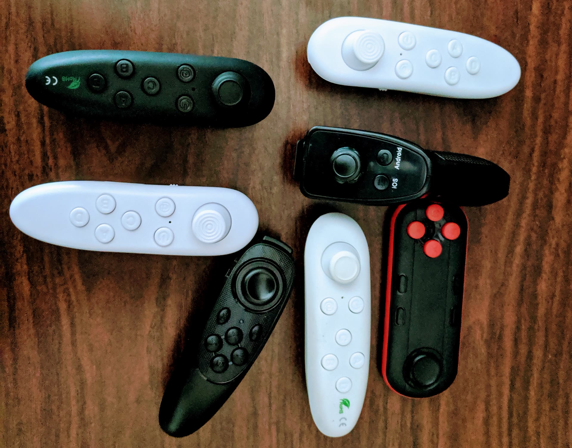 Assorted Bluetooth controllers used in testing with Android devices