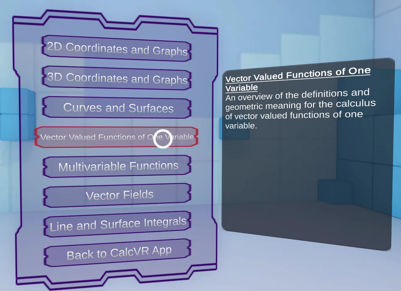 CalcVR lesson menu listing topics from 2D Coordinates and Graphs to Line and Surface Integrals