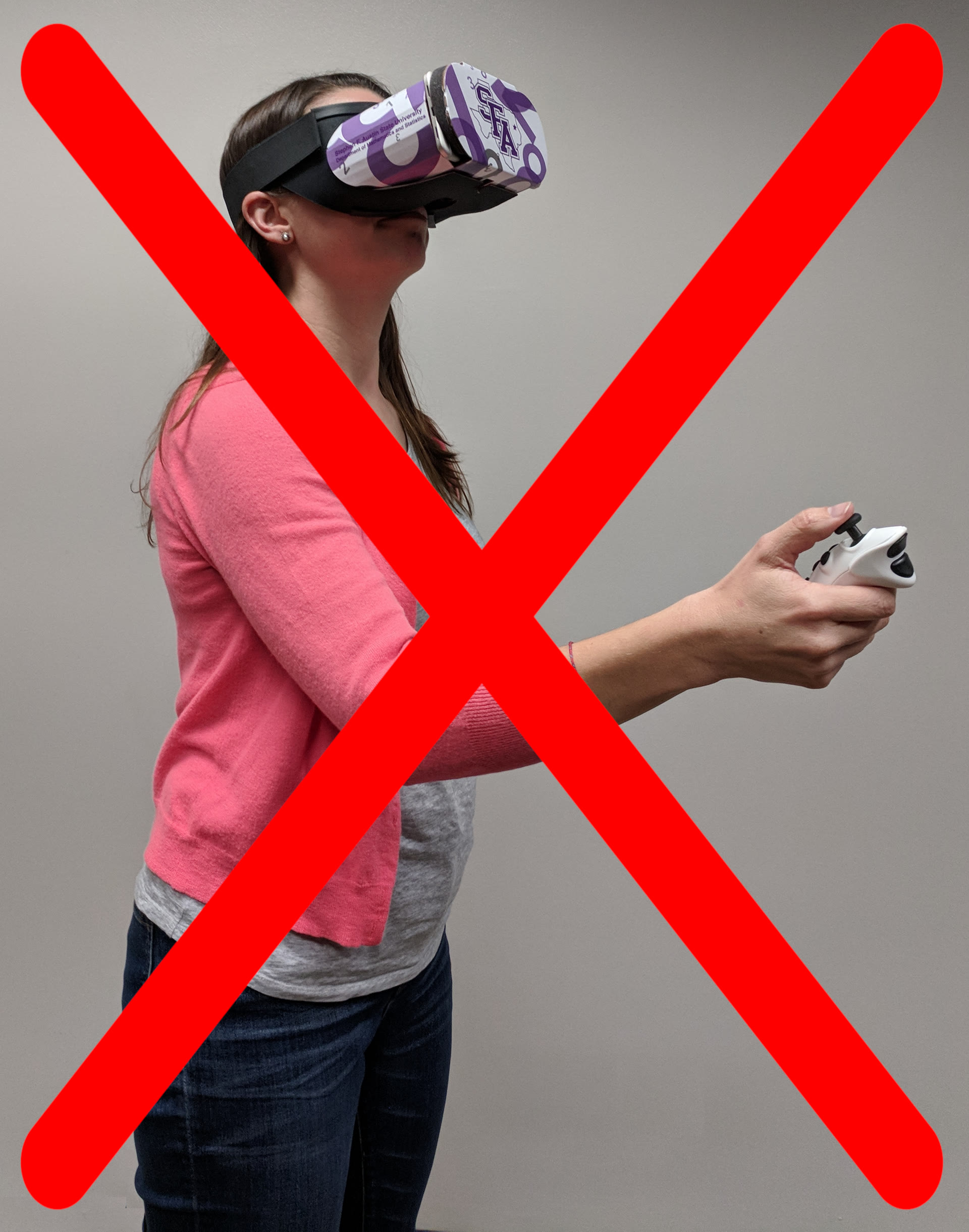 Person using a VR headset while standing, crossed out with a red X