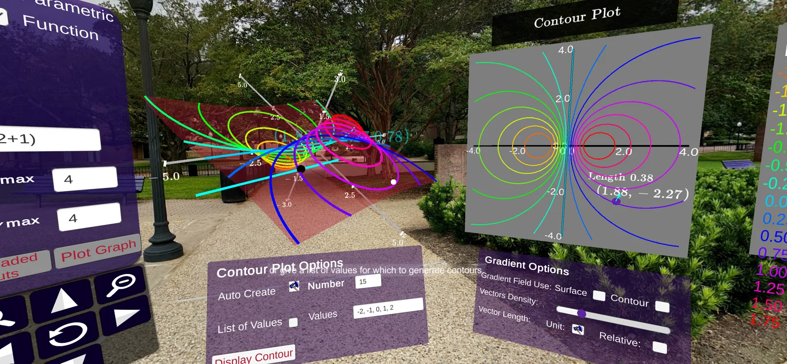 Contour playground: a surface, its contour plot and the contour and gradient option panels