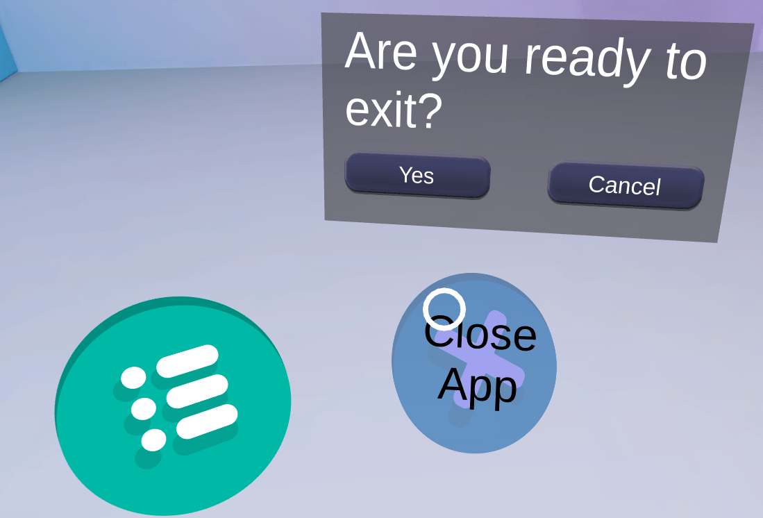 CalcVR prompt asking Are you ready to exit? with Yes and Cancel, above the Close App button