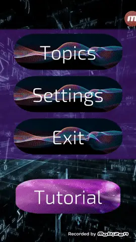 Animation of the CalcVR main menu with Topics, Settings, Exit and Tutorial buttons