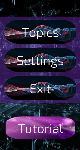CalcVR main menu with Topics, Settings, Exit and Tutorial buttons