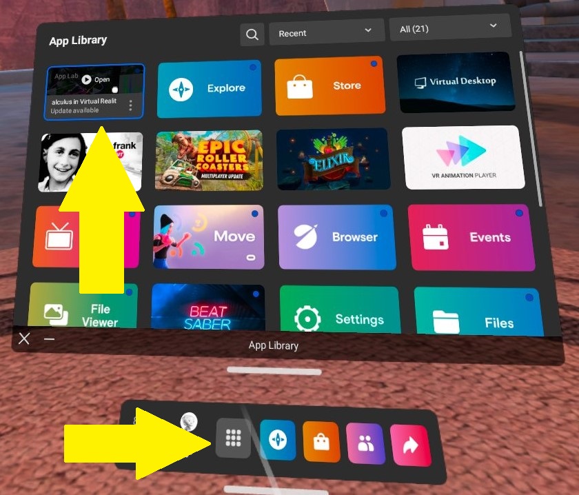 Quest 2 App Library, with arrows pointing to the App Library button and the apps