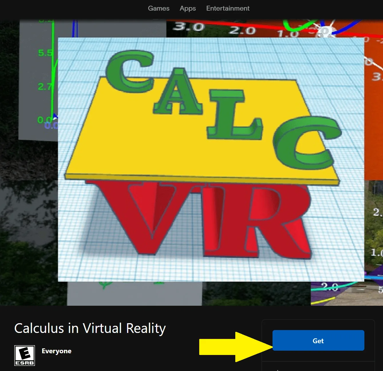 Calculus in Virtual Reality listing in the Oculus store, with an arrow pointing to the Get button