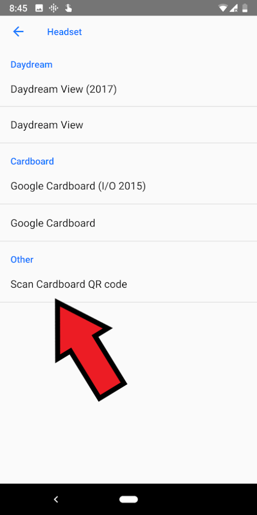 Android headset settings with the option to scan the Cardboard QR code highlighted