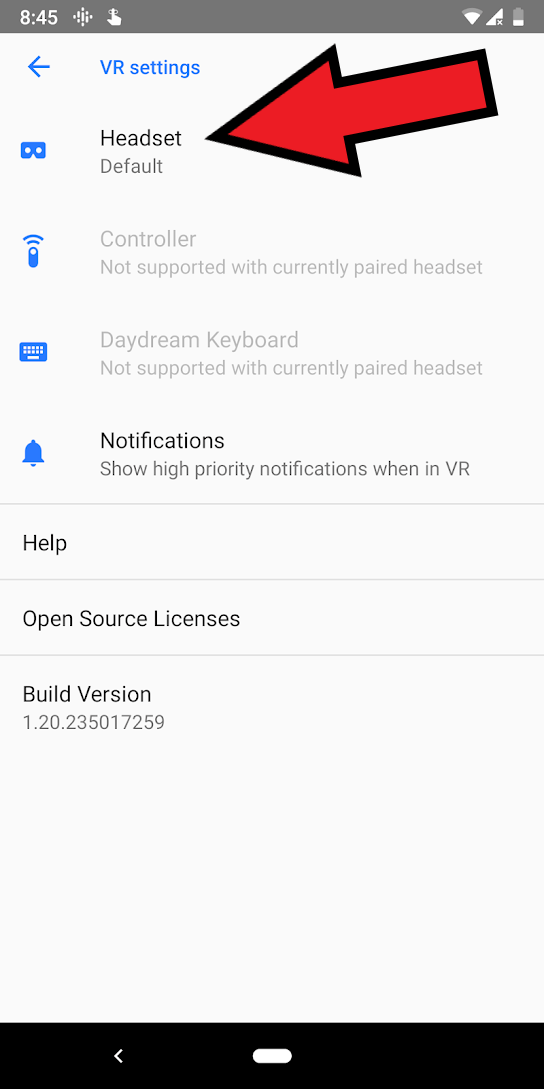 Android VR settings screen with the Headset option highlighted