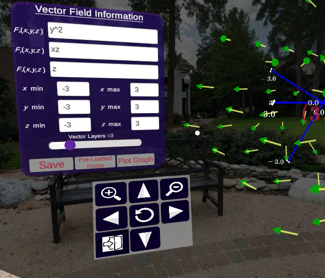 Vector Field Information panel with component functions, ranges, Save, Pre-Loaded Inputs and Plot Graph