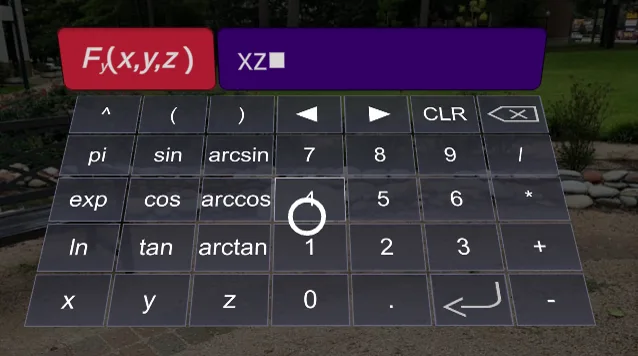 CalcVR keyboard for entering a component function, with math function keys and a number pad
