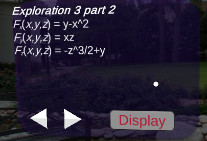Saved vector field Exploration 3 part 2 with its three component functions and a Display button